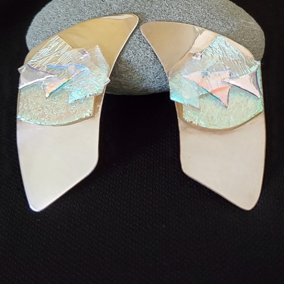 Vtg Sterling Silver & Opalescent Art Glass Artisan signed Statement Earrings - Picture 1 of 8